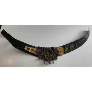 80s Nina Arjani Medium Leatherock Belt Artisan Black Gold Statement Belt Leather